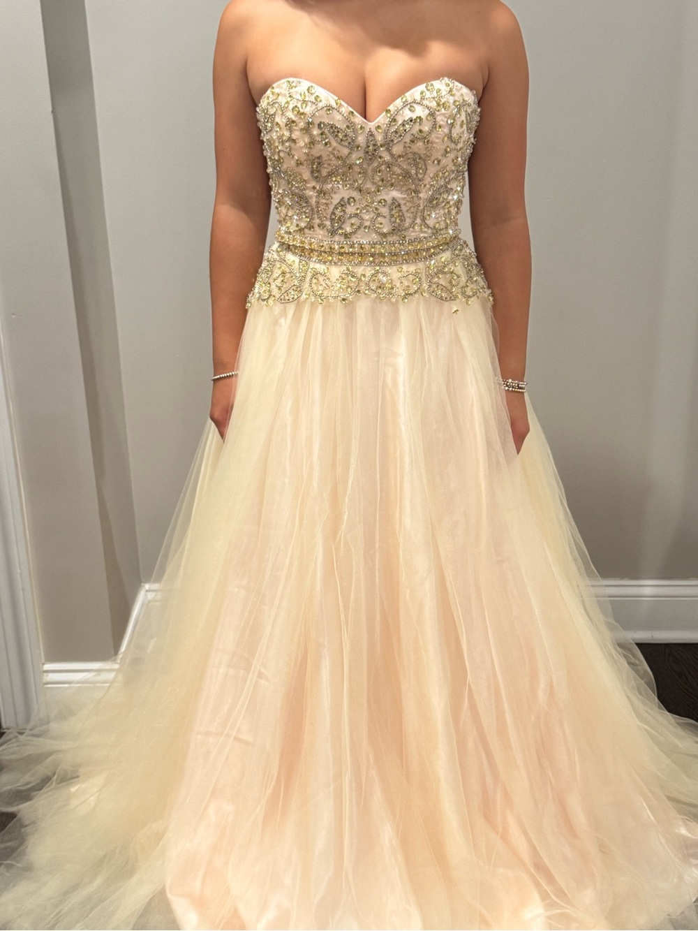 Anny Lee Strapless Beaded Champagne-Peach Ball Gown